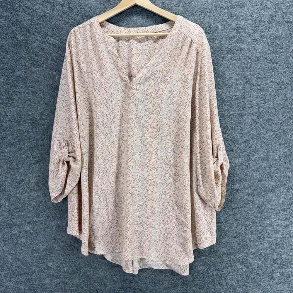 Unbranded Blouse Women M Medium Pink Geometric V-Neck 3/4 Sleeve Pullover Casual